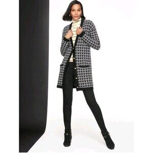 Talbots Black White Plaid Merino Wool Oversized Gold Buttons Duster Cardigan S